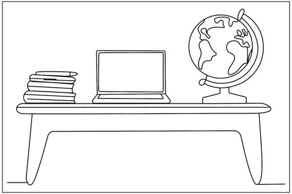 Teacher Desk Globe Line Art: Graphics & Illustrations