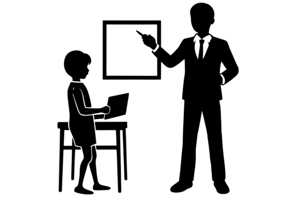Teacher Pointing at Blank Whiteboard Graphics & Illustrations