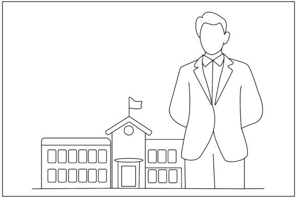 Teacher School Building Line Art Graphics